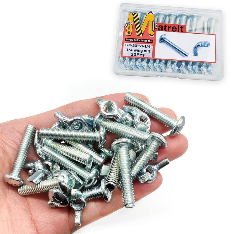 Matrelt 30Pack 1/4"-20 x1-1/4 Screw Bolts and Wing Nut Kit 15pcs Machine Screws with Round Head Phillips 15pcs Butterfly Hand Twist Tighten Nut Zinc Plated Hardware Fitting Fastenings Assortment Kit - Image 1
